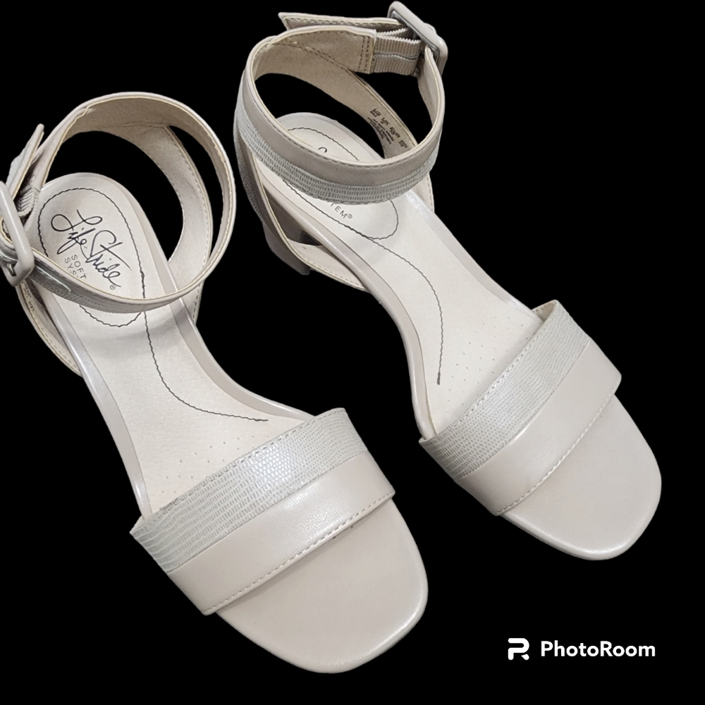 Taupe Life Stride ankle strap heels